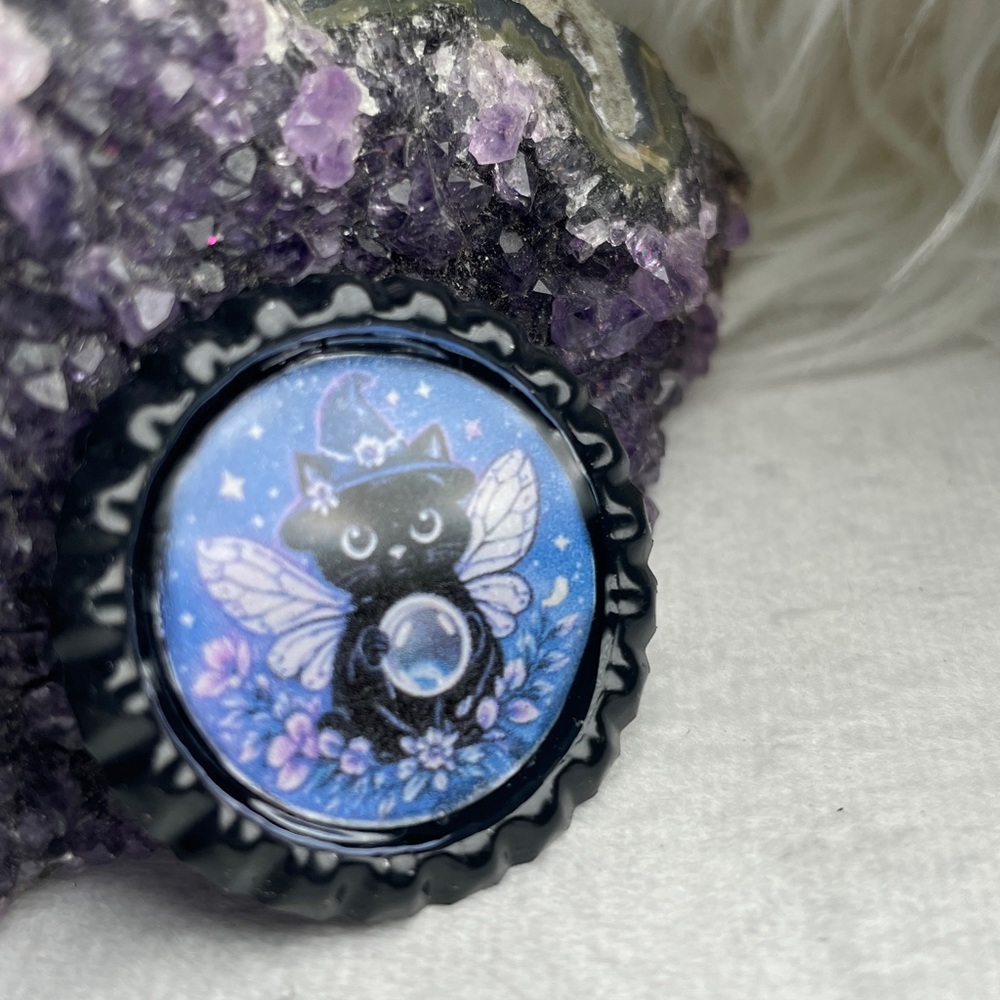 2/$18 Black Cat Fairy Bottle Cap Pin Or Broach with Blue Background - Picture 4 of 5